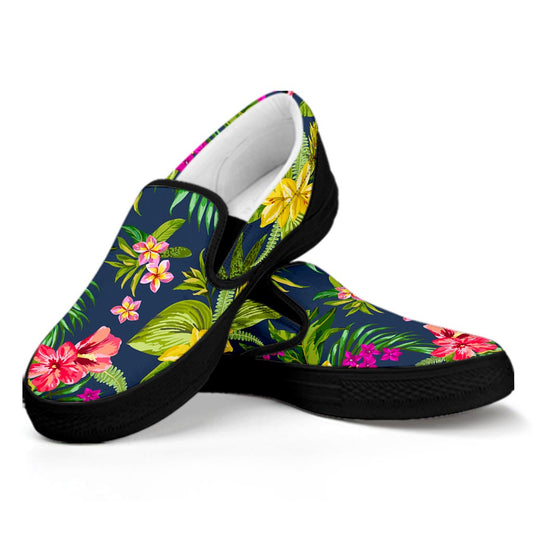Aloha Hawaiian Flowers Pattern Print Black Slip On Sneakers