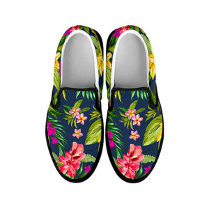 Aloha Hawaiian Flowers Pattern Print Black Slip On Sneakers