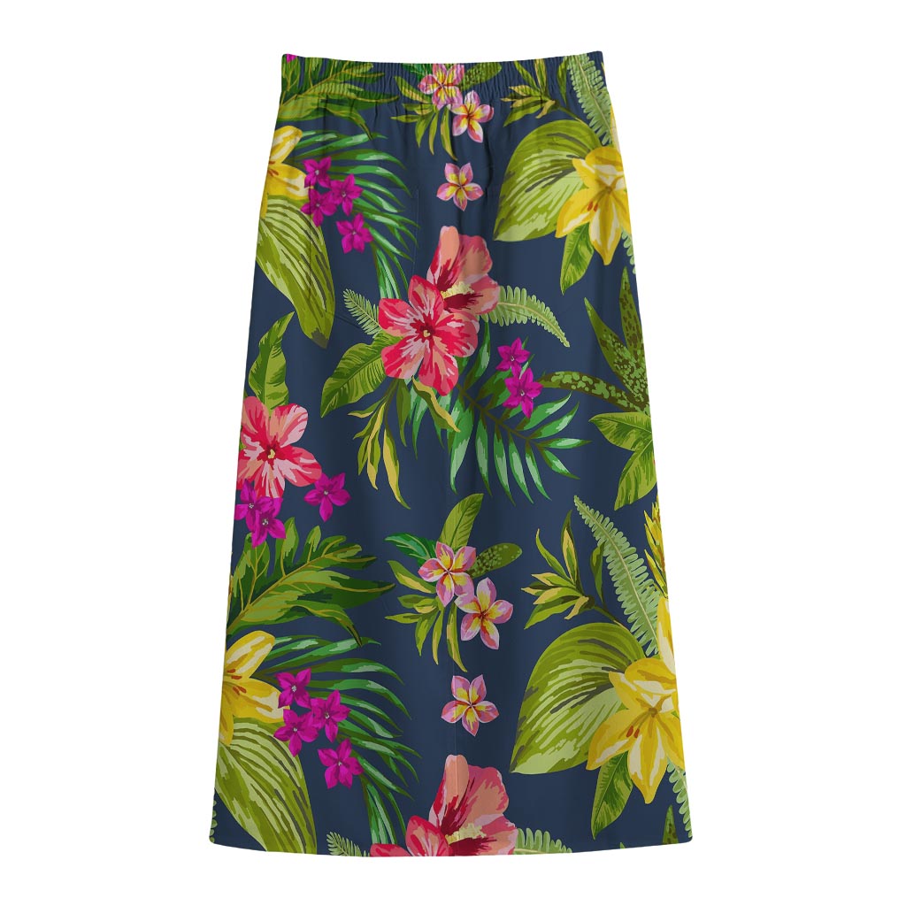 Aloha Hawaiian Flowers Pattern Print Cotton Front Slit Maxi Skirt