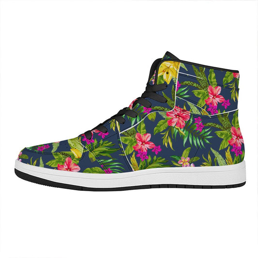 Aloha Hawaiian Flowers Pattern Print High Top Leather Sneakers