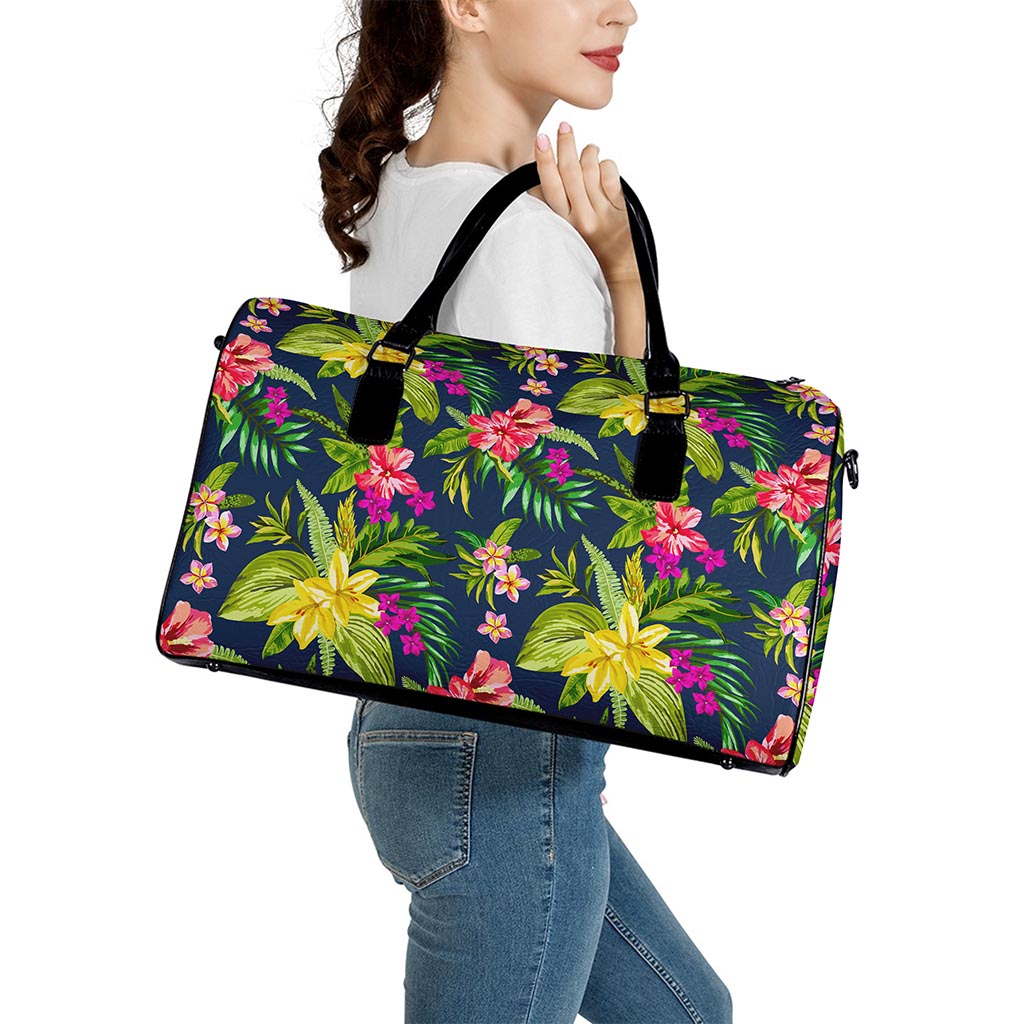 Aloha Hawaiian Flowers Pattern Print Leather Duffle Bag