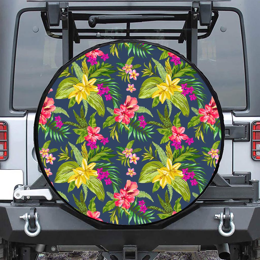 Aloha Hawaiian Flowers Pattern Print Leather Spare Tire Cover