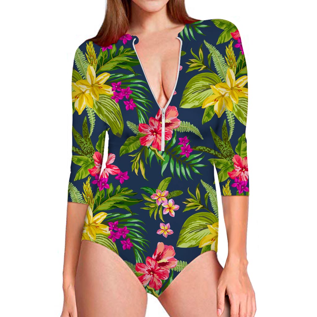 Aloha Hawaiian Flowers Pattern Print Long Sleeve Swimsuit