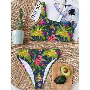 Aloha Hawaiian Flowers Pattern Print One Shoulder Bikini Top