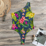Aloha Hawaiian Flowers Pattern Print One Shoulder Bodysuit