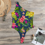 Aloha Hawaiian Flowers Pattern Print One Shoulder Bodysuit