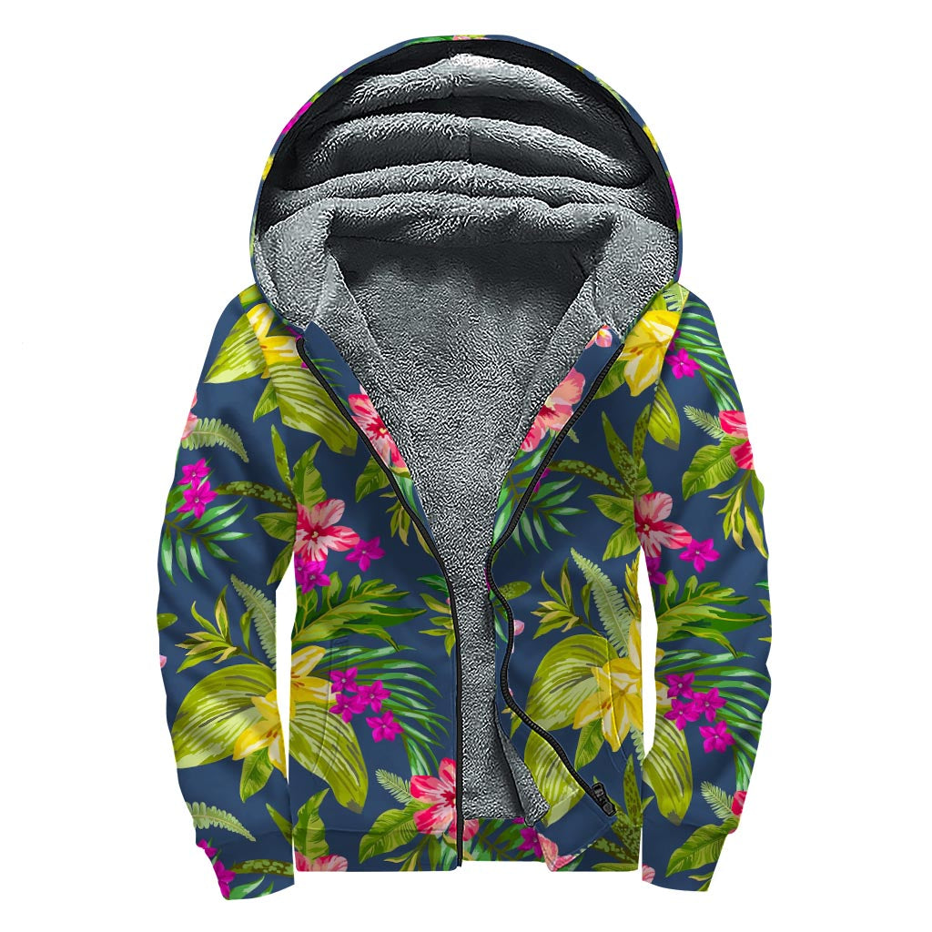 Aloha Hawaiian Flowers Pattern Print Sherpa Lined Zip Up Hoodie