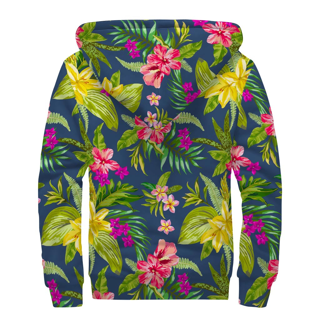 Aloha Hawaiian Flowers Pattern Print Sherpa Lined Zip Up Hoodie