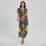 Aloha Hawaiian Flowers Pattern Print Short Sleeve Maxi Dress