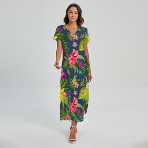 Aloha Hawaiian Flowers Pattern Print Short Sleeve Maxi Dress