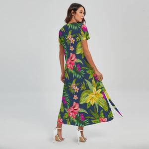 Aloha Hawaiian Flowers Pattern Print Short Sleeve Maxi Dress