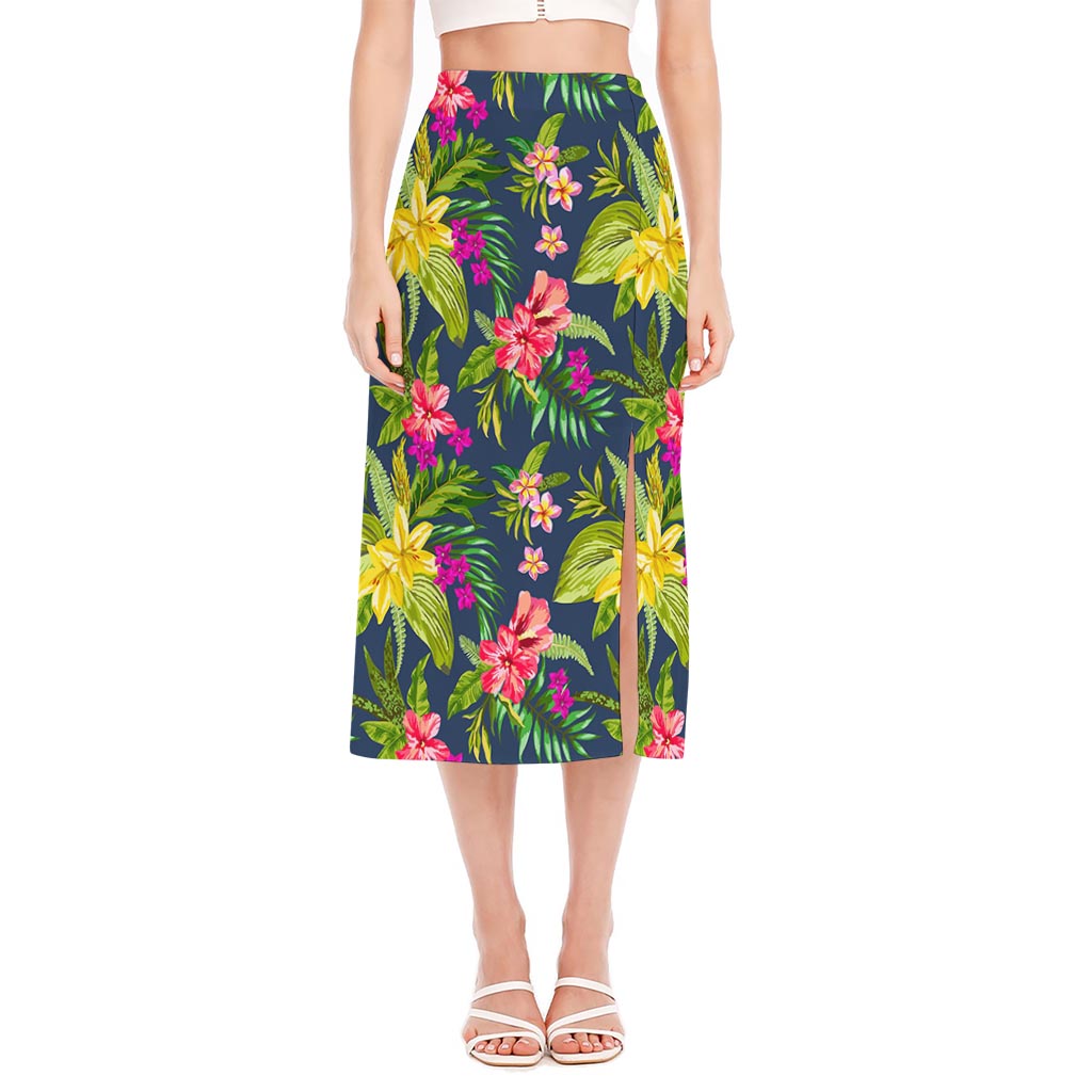 Aloha Hawaiian Flowers Pattern Print Side Slit Midi Skirt