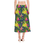 Aloha Hawaiian Flowers Pattern Print Side Slit Midi Skirt