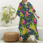Aloha Hawaiian Flowers Pattern Print Silk V-Neck Kaftan Dress