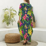 Aloha Hawaiian Flowers Pattern Print Silk V-Neck Kaftan Dress