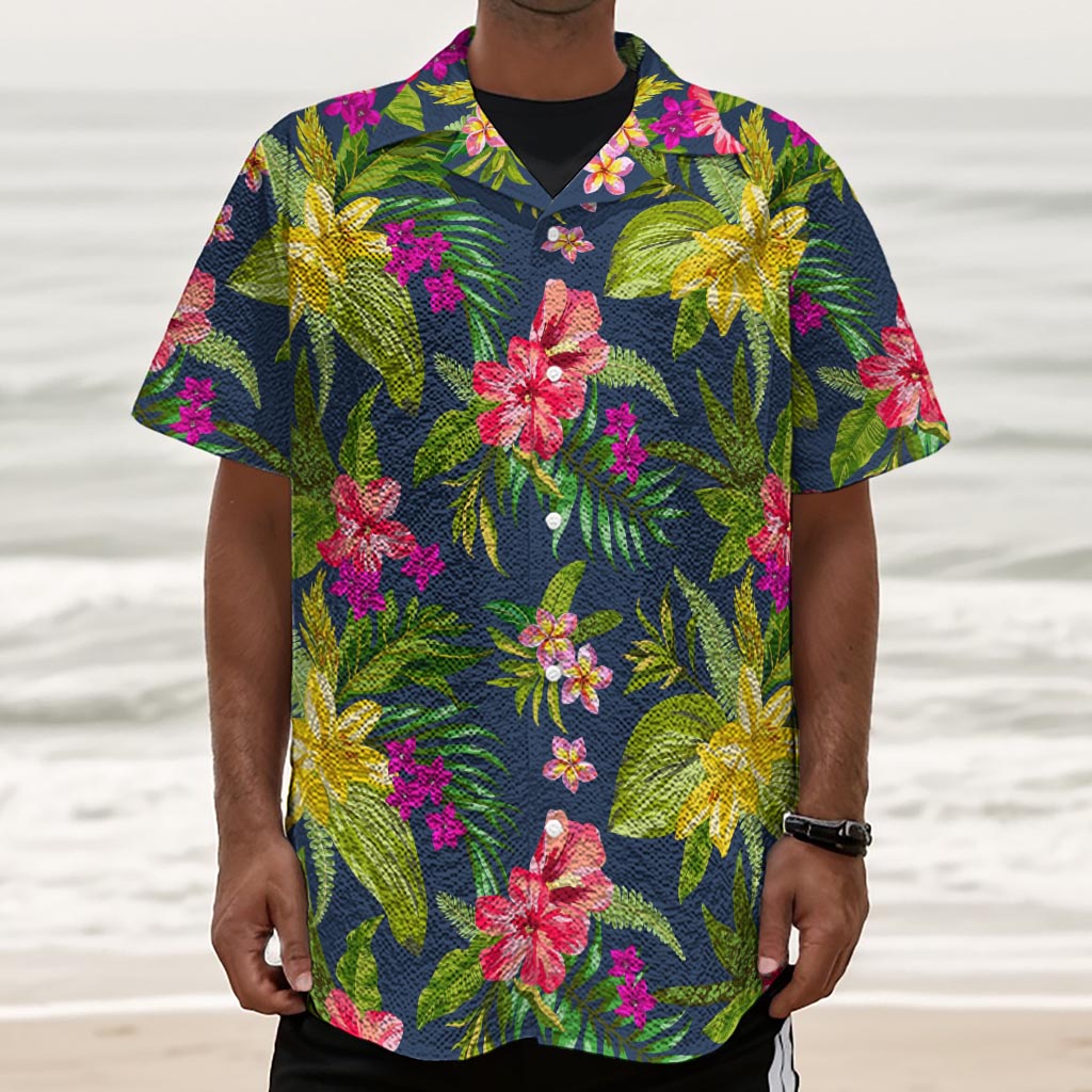 Aloha Hawaiian Flowers Pattern Print Textured Short Sleeve Shirt