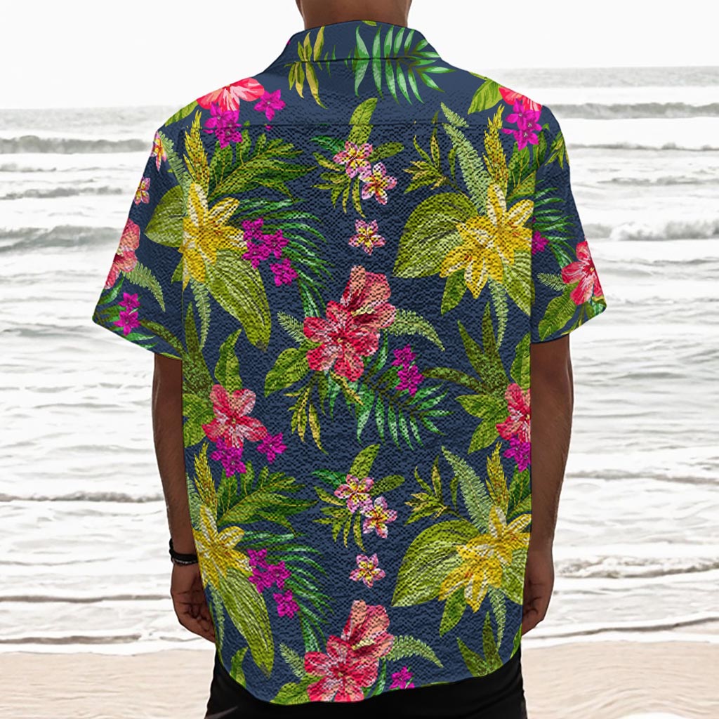 Aloha Hawaiian Flowers Pattern Print Textured Short Sleeve Shirt