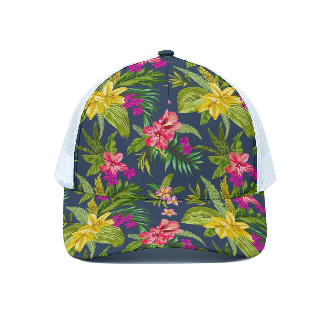 Aloha Hawaiian Flowers Pattern Print White Mesh Trucker Cap