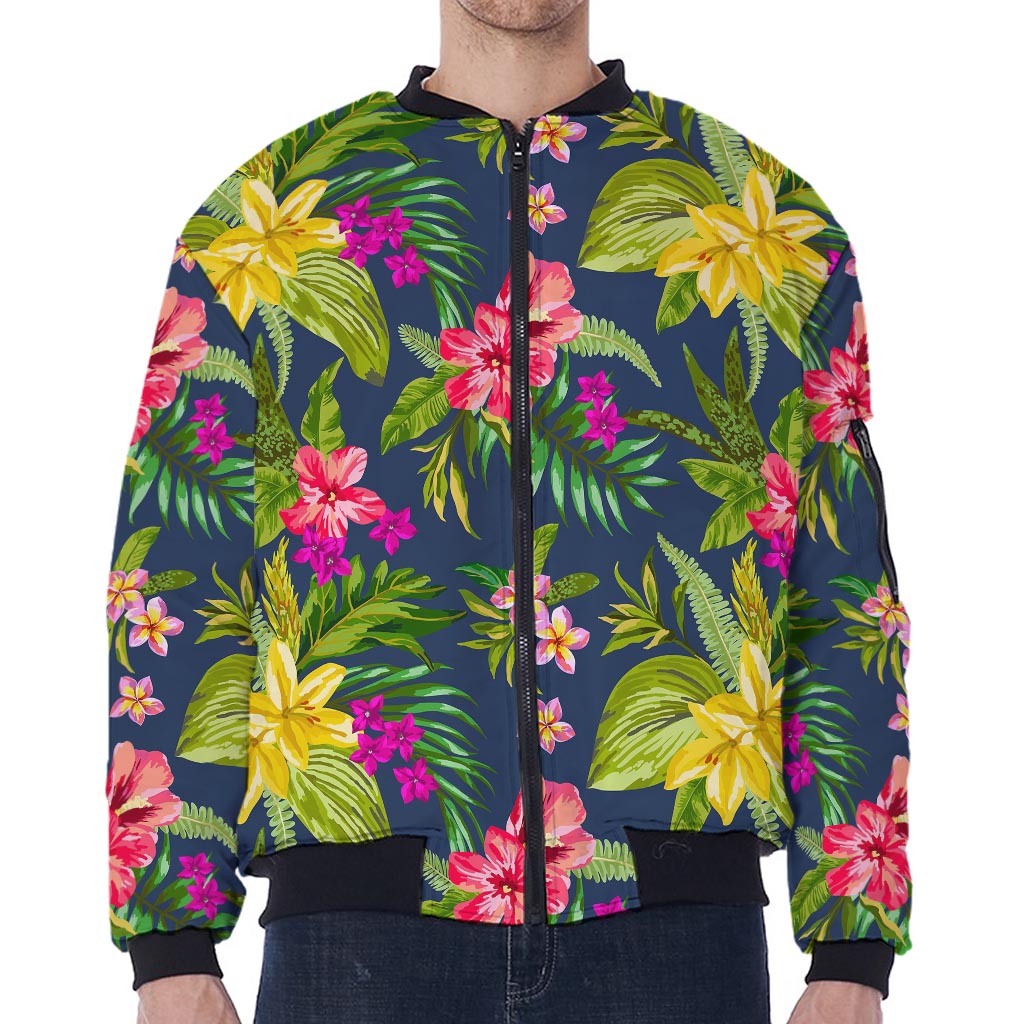 Aloha Hawaiian Flowers Pattern Print Zip Sleeve Bomber Jacket