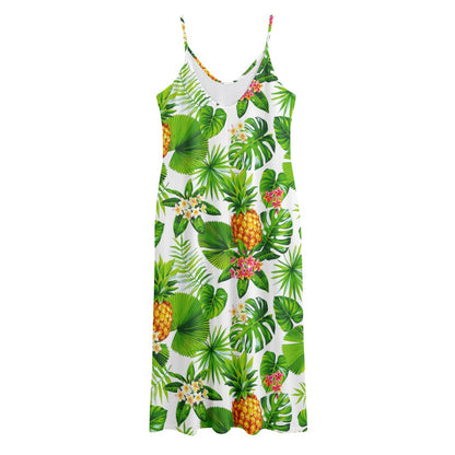 Aloha Hawaiian Pineapple Pattern Print Jersey Midi Cami Dress