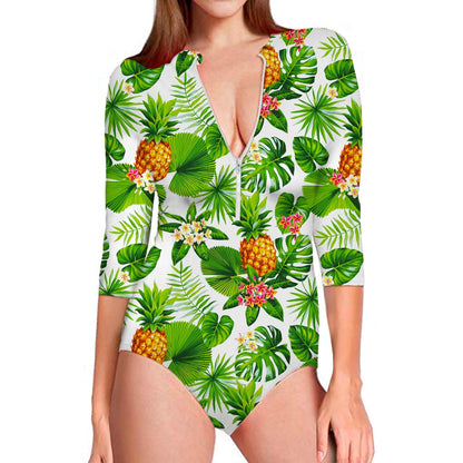 Aloha Hawaiian Pineapple Pattern Print Long Sleeve Swimsuit