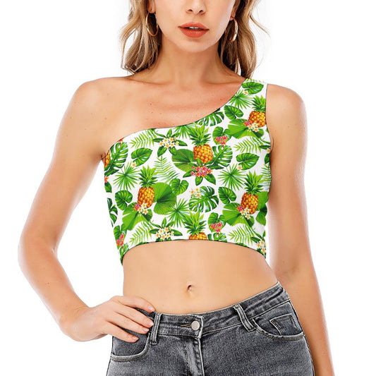 Aloha Hawaiian Pineapple Pattern Print One Shoulder Crop Top