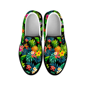 Aloha Hawaiian Tropical Pattern Print Black Slip On Sneakers