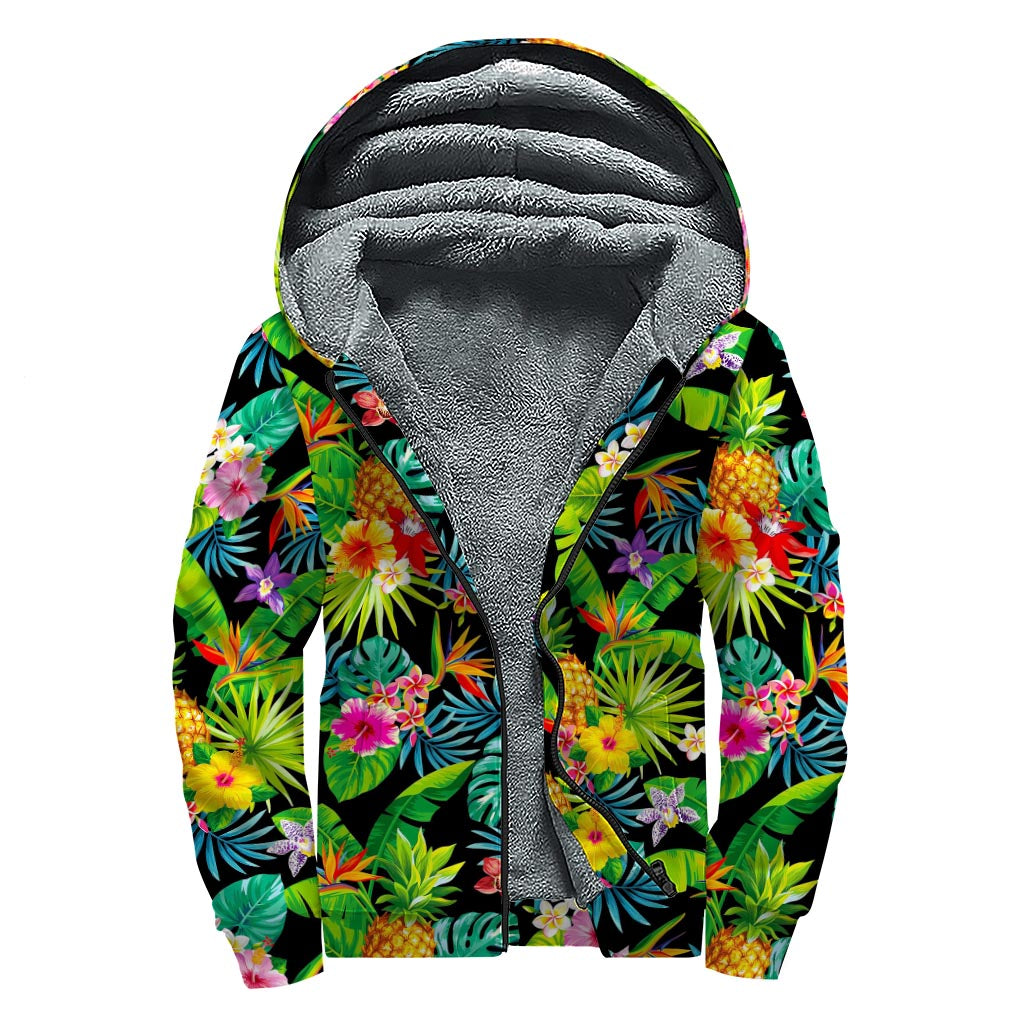 Aloha Hawaiian Tropical Pattern Print Sherpa Lined Zip Up Hoodie