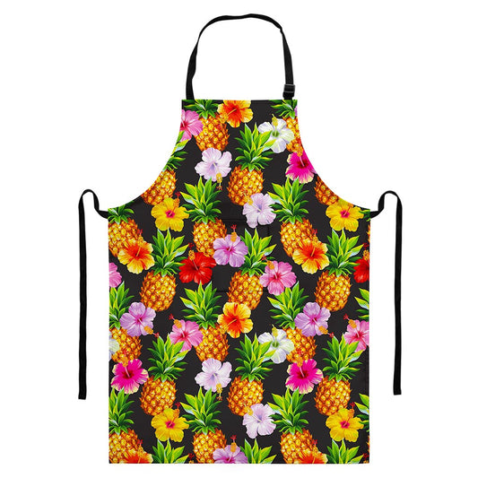 Aloha Hibiscus Pineapple Pattern Print Bib Apron With Pocket