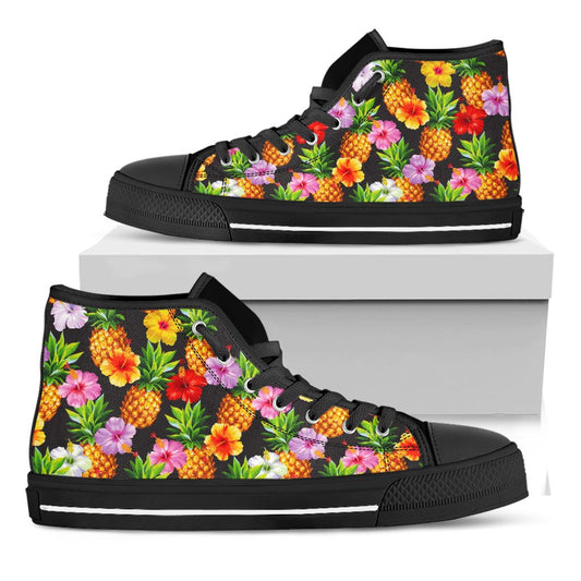 Aloha Hibiscus Pineapple Pattern Print Black High Top Sneakers