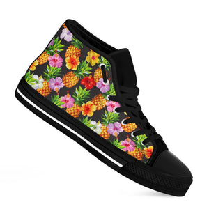 Aloha Hibiscus Pineapple Pattern Print Black High Top Sneakers