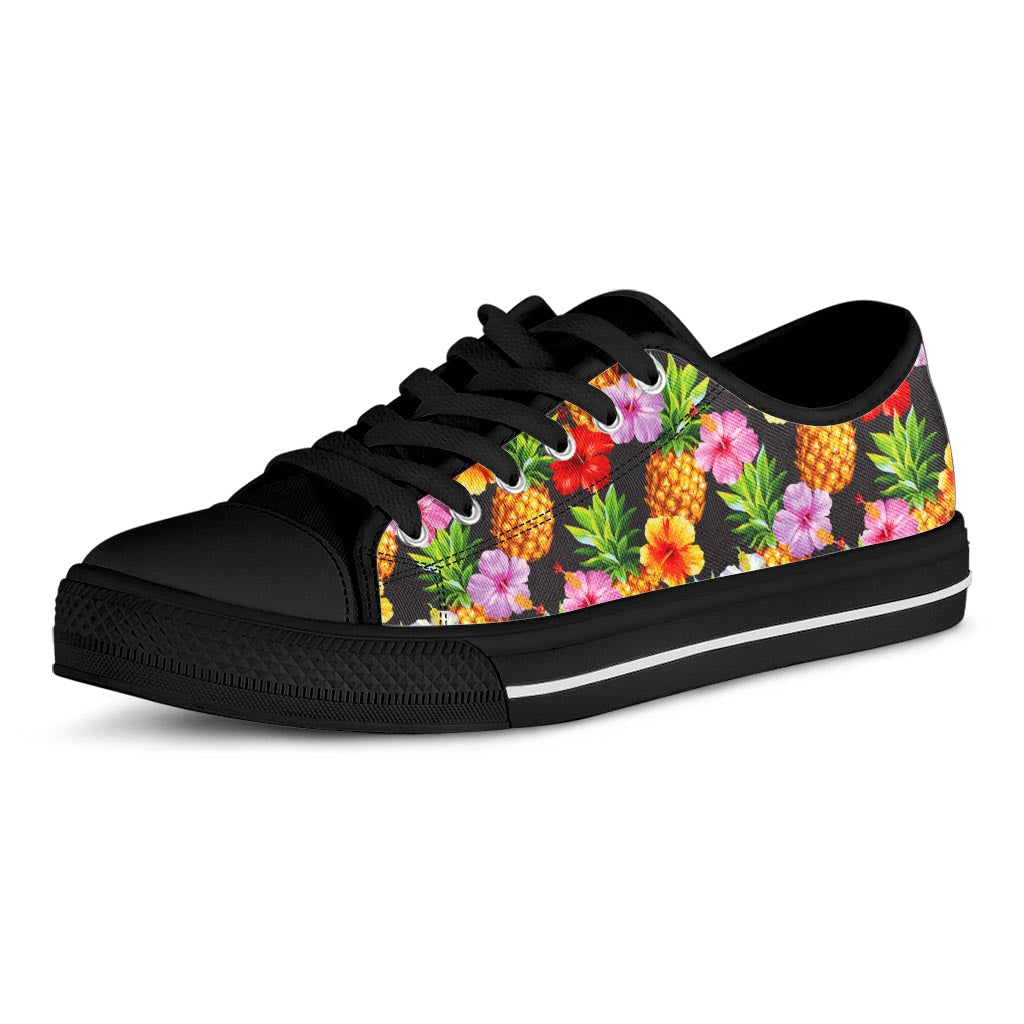Aloha Hibiscus Pineapple Pattern Print Black Low Top Sneakers