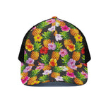Aloha Hibiscus Pineapple Pattern Print Black Mesh Trucker Cap