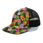 Aloha Hibiscus Pineapple Pattern Print Black Mesh Trucker Cap