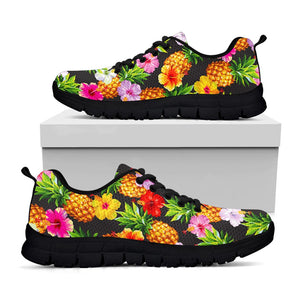 Aloha Hibiscus Pineapple Pattern Print Black Running Shoes