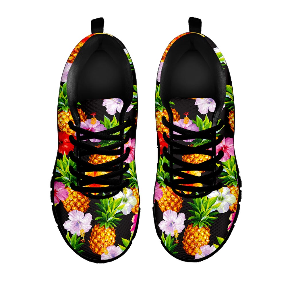 Aloha Hibiscus Pineapple Pattern Print Black Running Shoes