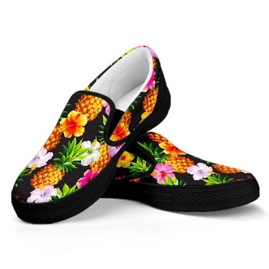 Aloha Hibiscus Pineapple Pattern Print Black Slip On Sneakers