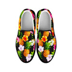 Aloha Hibiscus Pineapple Pattern Print Black Slip On Sneakers