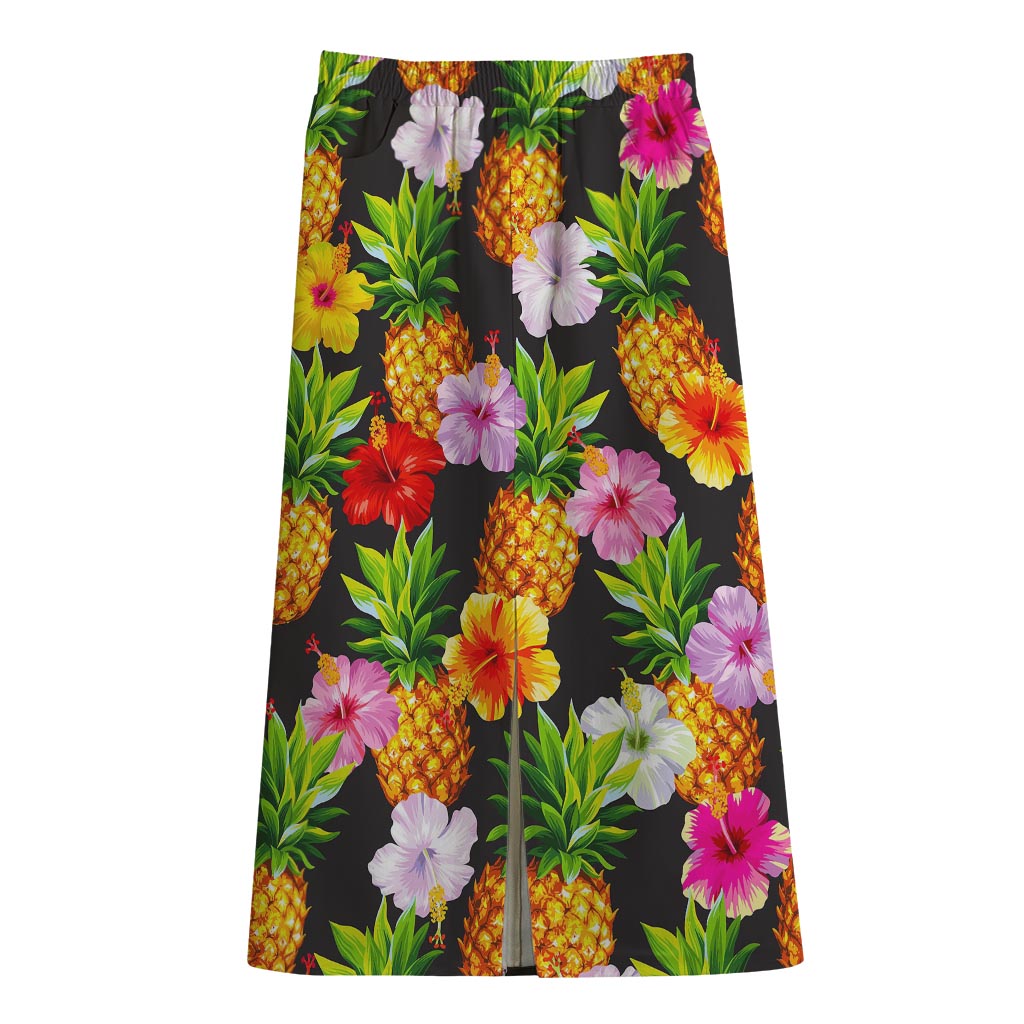 Aloha Hibiscus Pineapple Pattern Print Cotton Front Slit Maxi Skirt