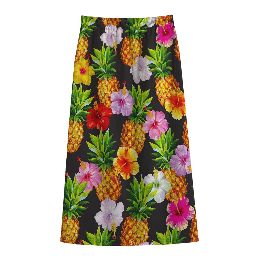 Aloha Hibiscus Pineapple Pattern Print Cotton Front Slit Maxi Skirt