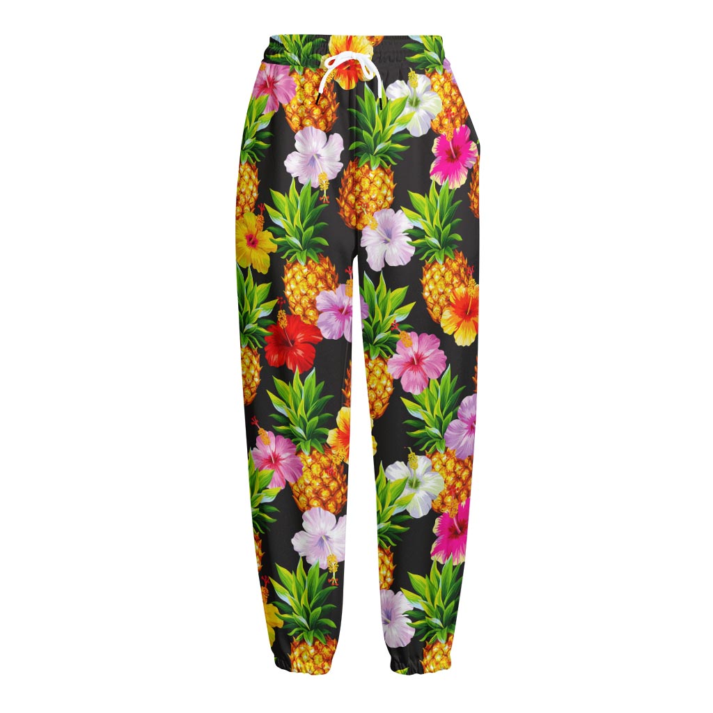 Aloha Hibiscus Pineapple Pattern Print Fleece Lined Knit Pants