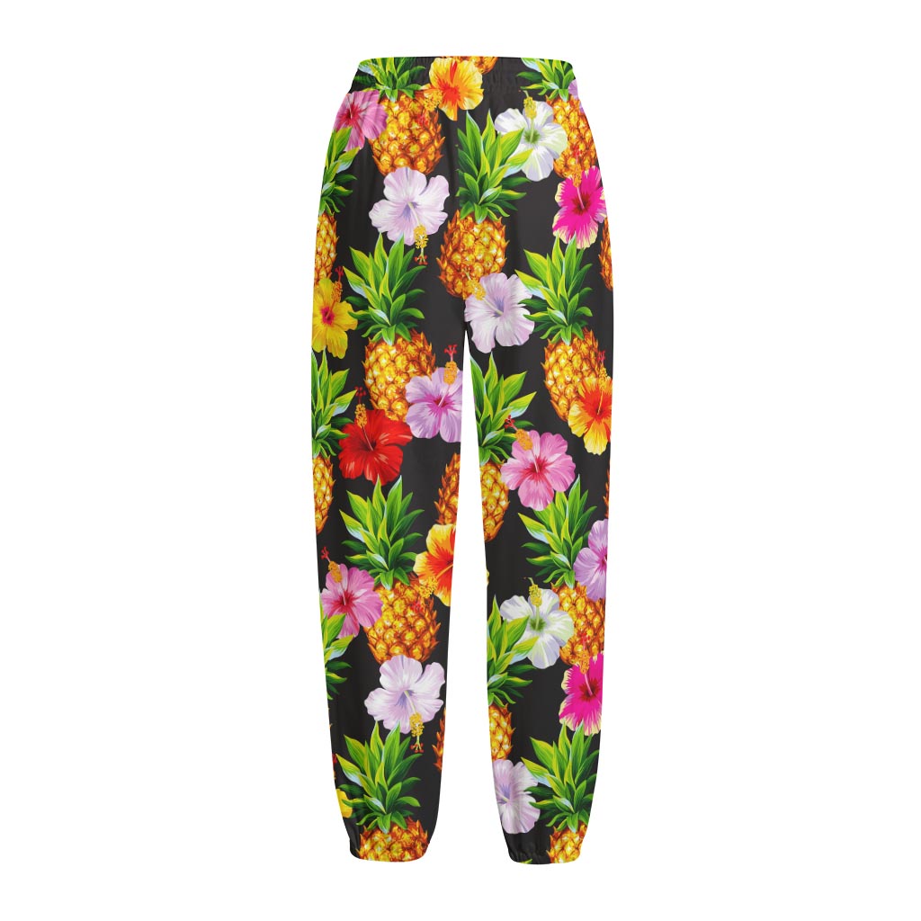 Aloha Hibiscus Pineapple Pattern Print Fleece Lined Knit Pants