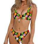 Aloha Hibiscus Pineapple Pattern Print Front Bow Tie Bikini