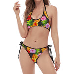 Aloha Hibiscus Pineapple Pattern Print Halter Scoop Tie Side Bikini
