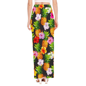 Aloha Hibiscus Pineapple Pattern Print High Slit Maxi Skirt