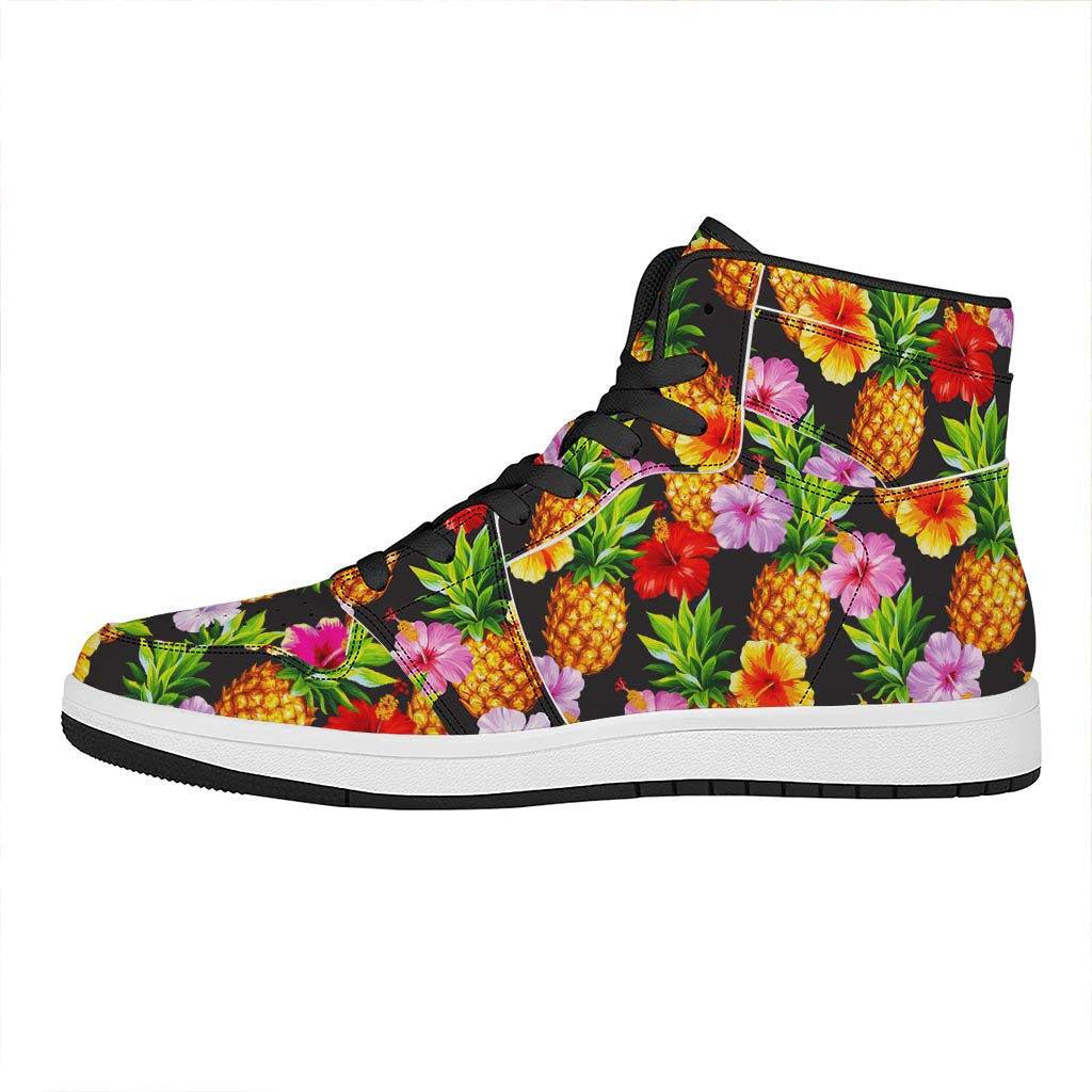 Aloha Hibiscus Pineapple Pattern Print High Top Leather Sneakers