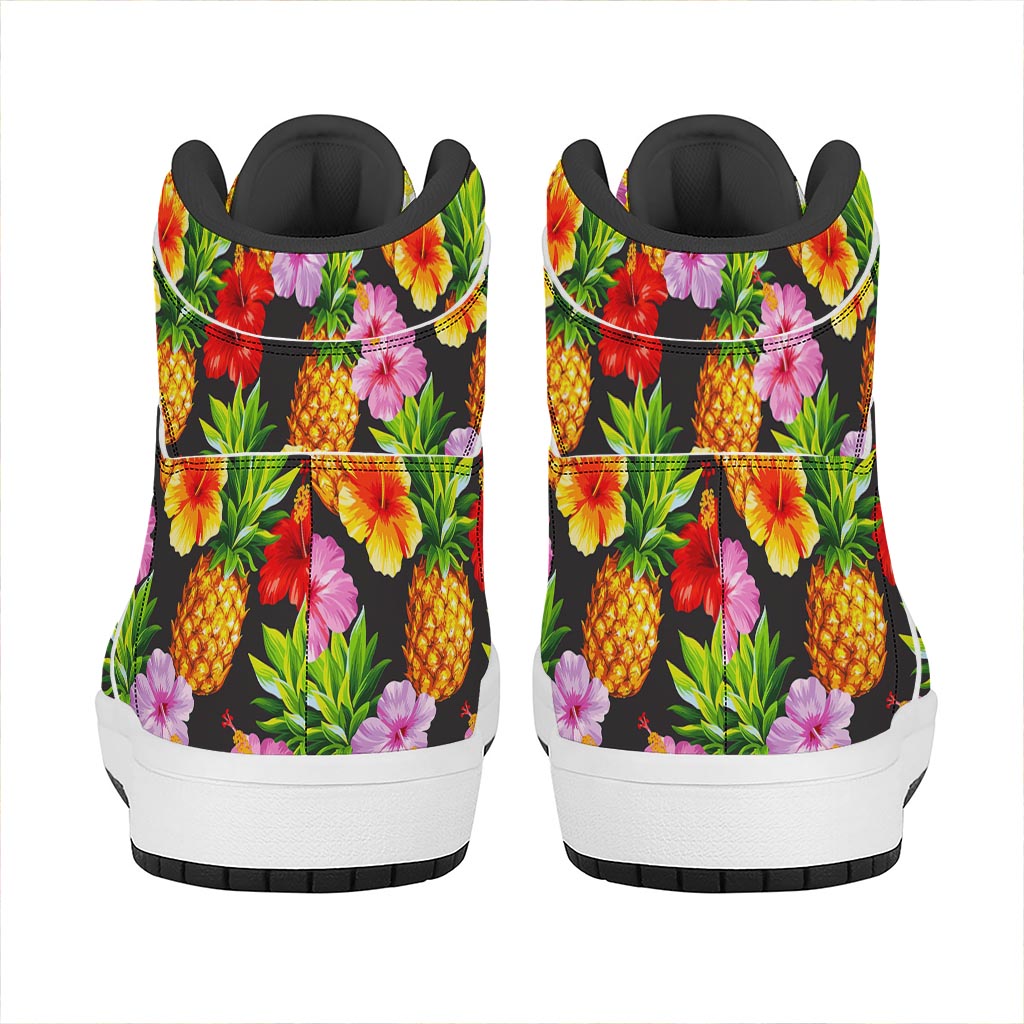 Aloha Hibiscus Pineapple Pattern Print High Top Leather Sneakers