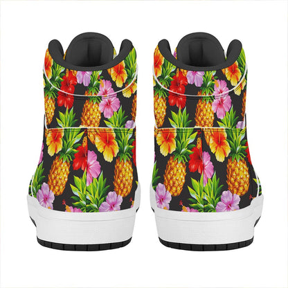 Aloha Hibiscus Pineapple Pattern Print High Top Leather Sneakers