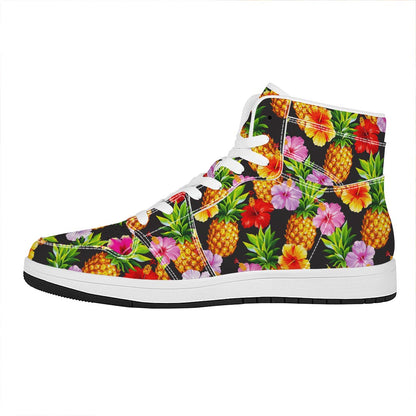 Aloha Hibiscus Pineapple Pattern Print High Top Leather Sneakers