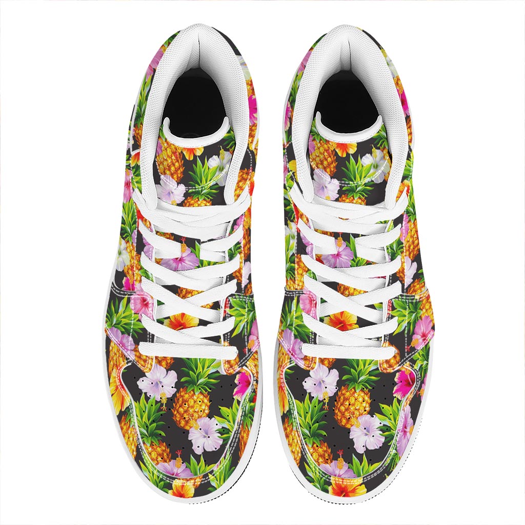 Aloha Hibiscus Pineapple Pattern Print High Top Leather Sneakers